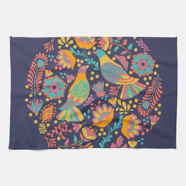 Colourful Mexican Folk Art Birds and Flowers Blue Kitchen Towel (Horizontal)