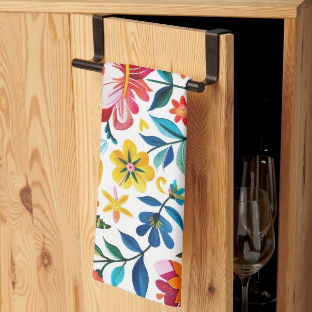 Colourful Mexican Folk Art Floral Kitchen Towel (Thirds Fold)