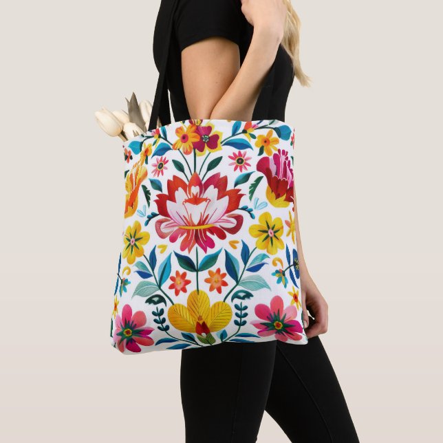 Colourful Mexican Folk Art Floral Tote Bag (Close Up)