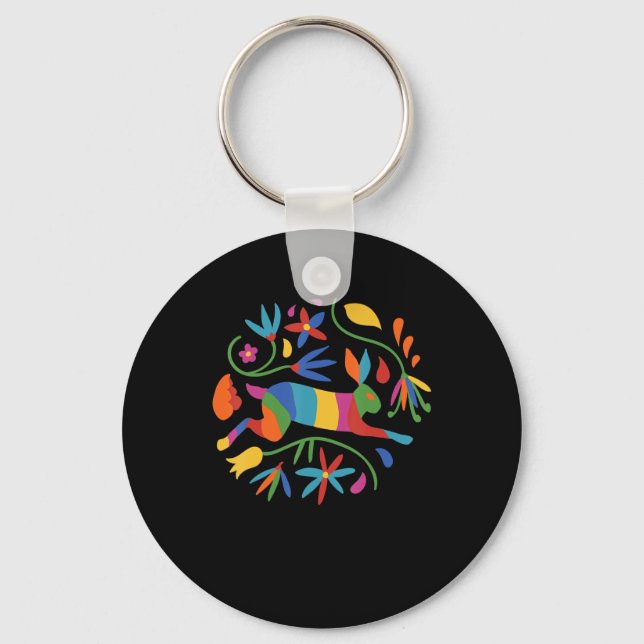 Colourful Mexican Otomi Hare & Flowers Keychain (Front)