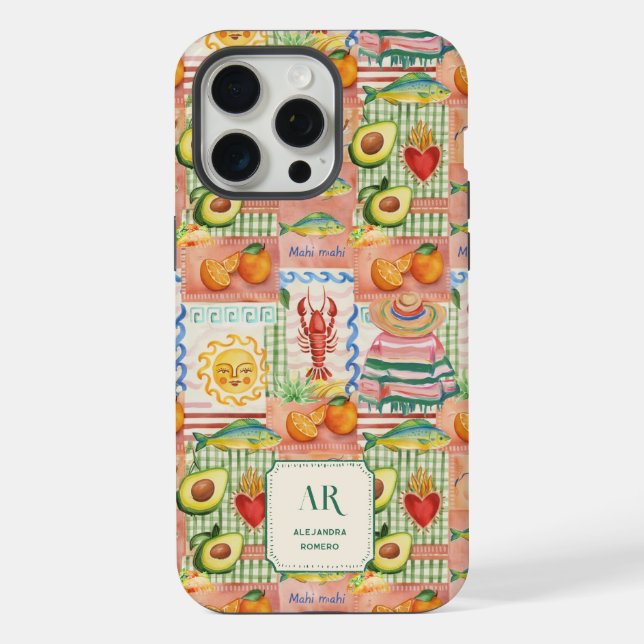Colourful Mexican Patchwork Print Monogram iPhone Case (Back)