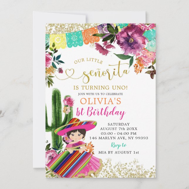 Colourful Mexican Senorita First Birthday Invitation (Front)