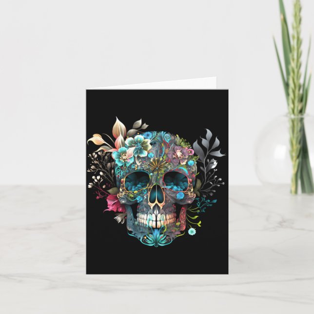 Colourful Mexican Skull Patterns Flowers Halloween Card (Front)