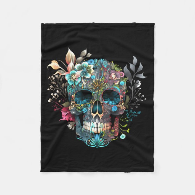 Colourful Mexican Skull Patterns Flowers Halloween Fleece Blanket (Front)