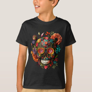 Colourful Mexican Skull Patterns Flowers Halloween T-Shirt
