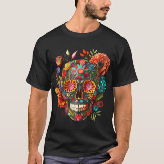 Colourful Mexican Skulls Flowers Halloween Catrina T-Shirt
