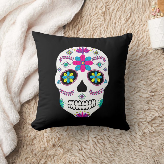 Colourful Mexican Sugar Skull Throw Pillow (Blanket)