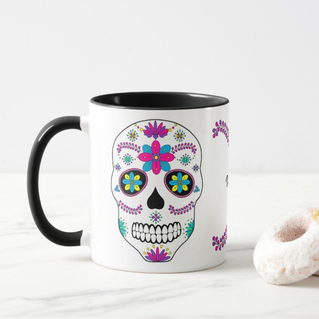 Colourful Mexican Sugar Skull With Name Mug (With Donut)