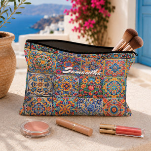 Colourful Mexican Talavera Tile Monogram Accent Accessory Pouch