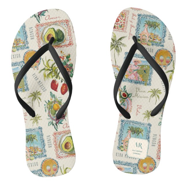 Colourful Mexican Travel Print Monogram Flip Flops (Footbed)