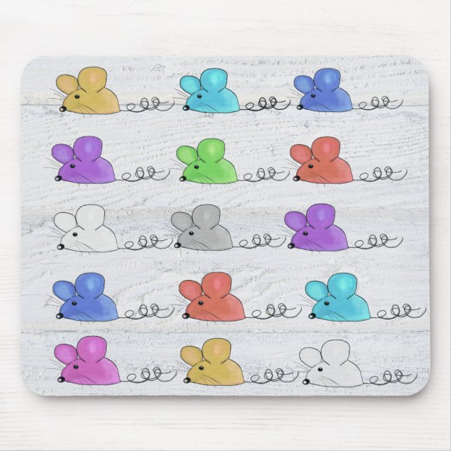 Colourful Mice on Whitewashed Wood Mouse Pad (Front)
