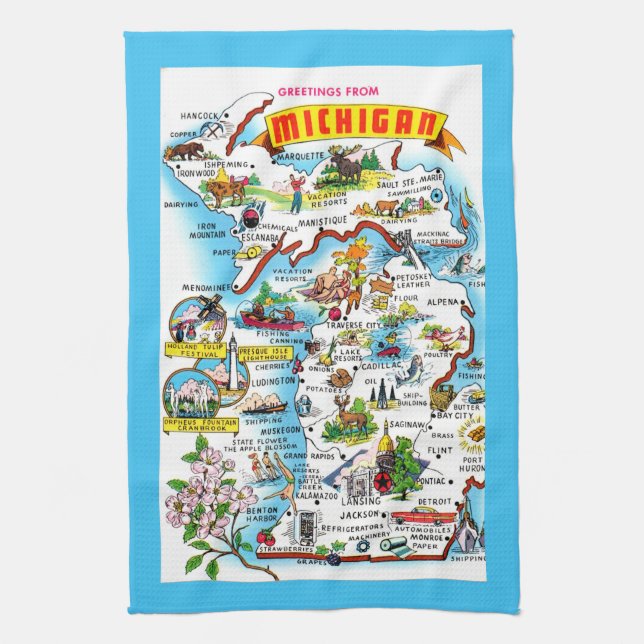 Colourful Michigan Map Kitchen Towel (Vertical)