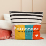 Colourful Mid Century Abstract Personalized Name Throw Pillow<br><div class="desc">Colourful Mid Century Abstract Personalized Name Throw Pillows Cushions features a colourful stripe pattern with your personalized name in simple black and white script on an abstract background. Personalize by editing the text in the text boxes provided. Perfect gift for birthday, Christmas, Mother's Day, sister, cousins, best friends and more....</div>