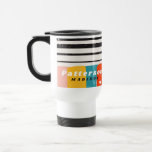 Colourful Mid Century Abstract Personalized Name Travel Mug<br><div class="desc">Colourful Mid Century Abstract Personalized Name Travel Mug features a colourful stripe pattern with your personalized name in simple black and white script on an abstract background. Personalize by editing the text in the text boxes provided. Perfect gift for birthday, Christmas, Mother's Day, sister, cousins, best friends and more. Designed...</div>