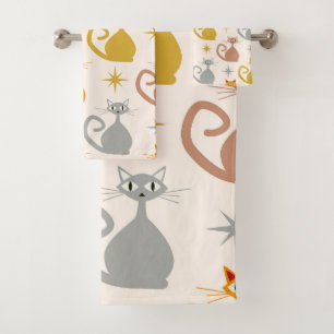 Colourful Mid Century Atomic Cats with Starbursts  Bath Towel Set