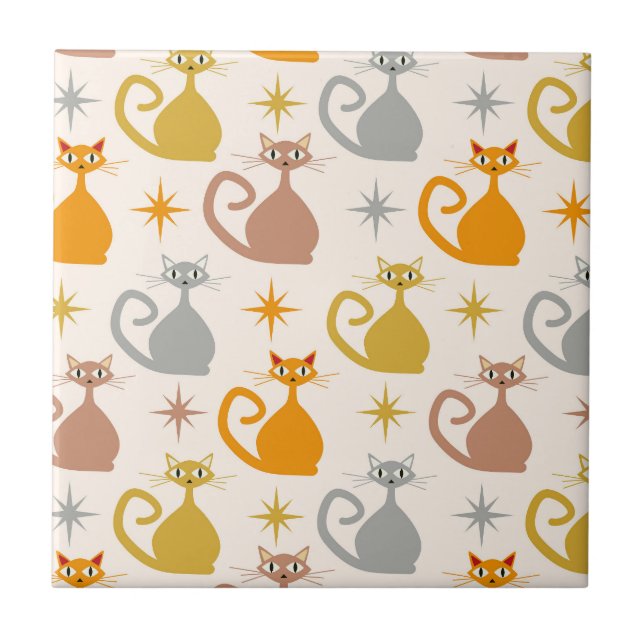 Colourful Mid Century Atomic Cats with Starbursts  Tile (Front)