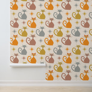 Colourful Mid Century Atomic Cats with Starbursts  Wallpaper
