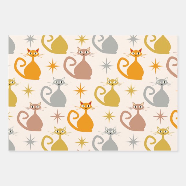 Colourful Mid Century Atomic Cats with Starbursts  Wrapping Paper Sheet (Front)