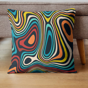 Colourful Mid-Century groovy wavy lines pattern Throw Pillow