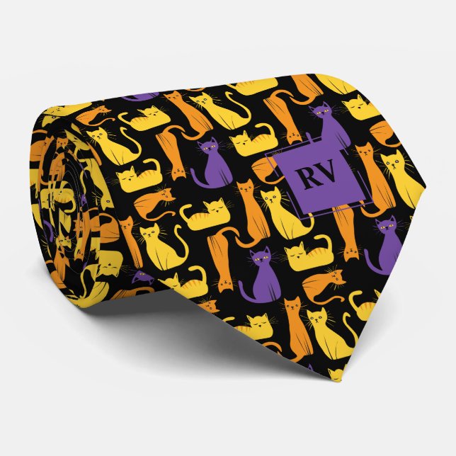 Colourful Mid-Century Modern Cats Monogrammed Tie (Rolled)
