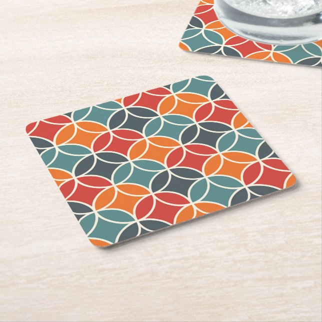 Colourful Mid-Century Modern Style Pattern Square Paper Coaster (Angled)