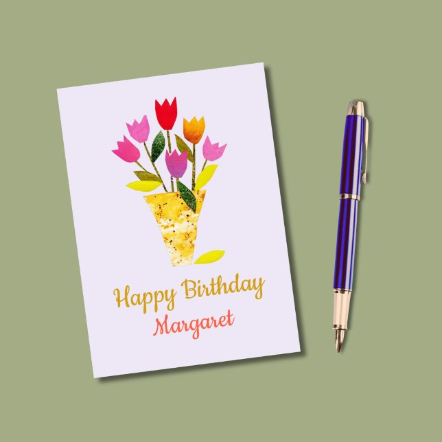 Colourful MidCentury Modern Lavender Tulip Birthda Card (A bright vase of birthday red and pink tulips pops against a soft lavender background.)