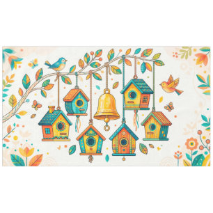 colourful mini birdhouses hanging from a delicate tablecloth