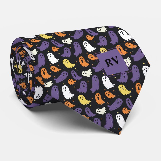 Colourful Mini Halloween Ghosts Monogrammed Tie (Rolled)