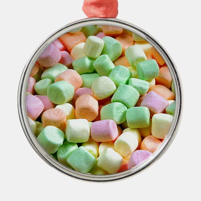Colourful miniature marshmallows christmas metal ornament (Front)