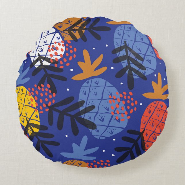 Colourful minimalistic abstract pineapples and lea round pillow (Front)