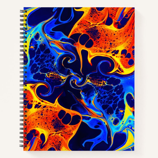 colourful mix of neon paints swirling on black notebook (Front)