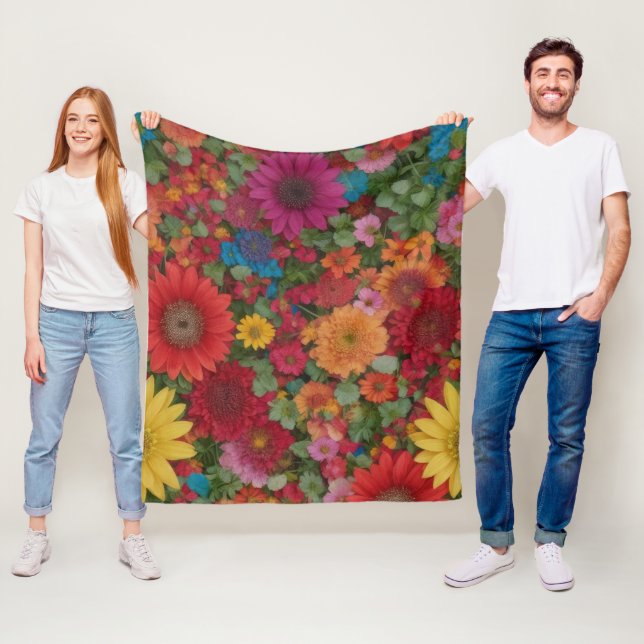 Colourful Mixed Flowers Fleece Blanket (In Situ)