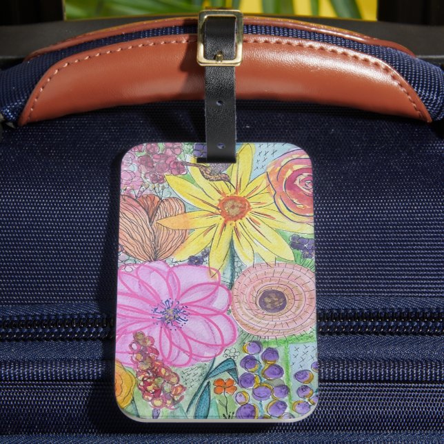 Colourful Mixed Media Floral Luggage Tag (Front Insitu 2)