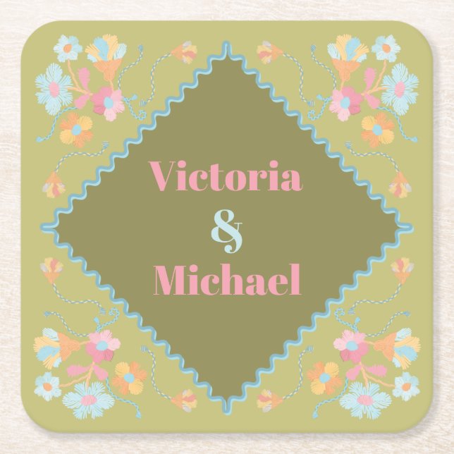 Colourful Mod Embroidery Square Paper Coaster (Front)