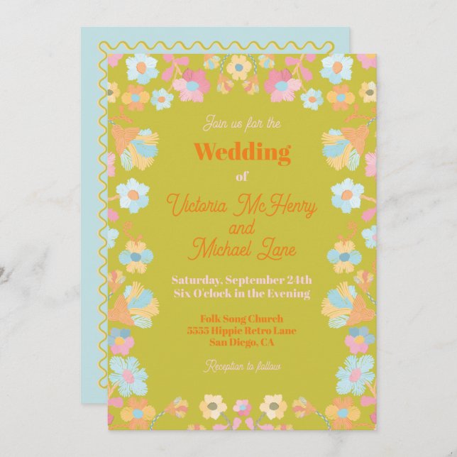 Colourful Mod Embroidery Wedding Invitation (Front/Back)