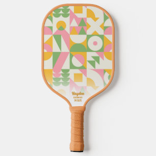 Colourful Mod Geometric Retro Pattern Custom Text Pickleball Paddle