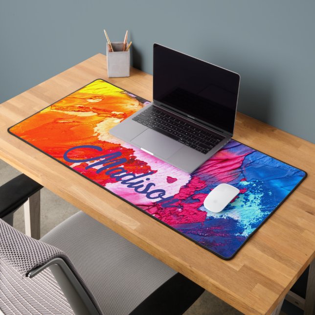 Colourful Modern Abstract Paint Personalize Name Desk Mat (Office 2)