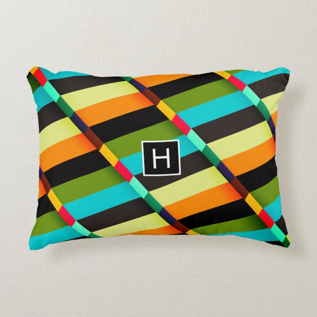 Colourful Modern Abstract Stripes & Monogram Accent Pillow (Front)