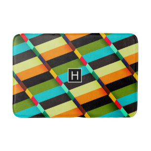 Colourful Modern Abstract Stripes & Monogram Bath Mat