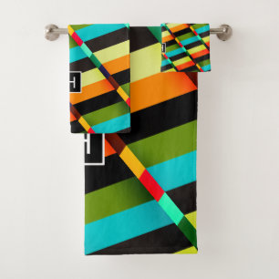 Colourful Modern Abstract Stripes & Monogram Bath Towel Set