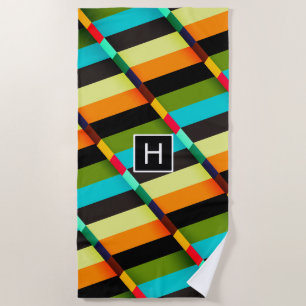 Colourful Modern Abstract Stripes & Monogram Beach Towel