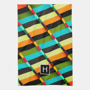 Colourful Modern Abstract Stripes & Monogram Kitchen Towel