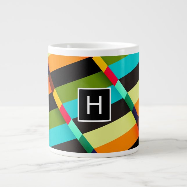 Colourful Modern Abstract Stripes & Monogram Large Coffee Mug (Front)