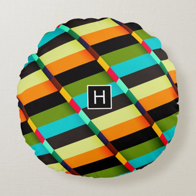 Colourful Modern Abstract Stripes & Monogram Round Pillow (Front)
