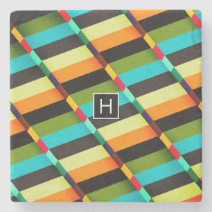 Colourful Modern Abstract Stripes & Monogram Stone Coaster