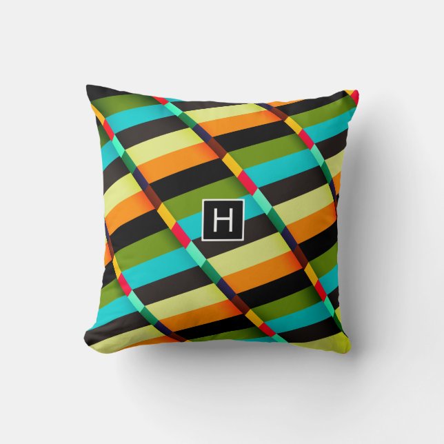 Colourful Modern Abstract Stripes & Monogram Throw Pillow (Front)
