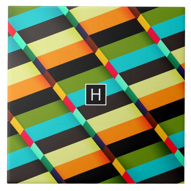 Colourful Modern Abstract Stripes & Monogram Tile (Front)