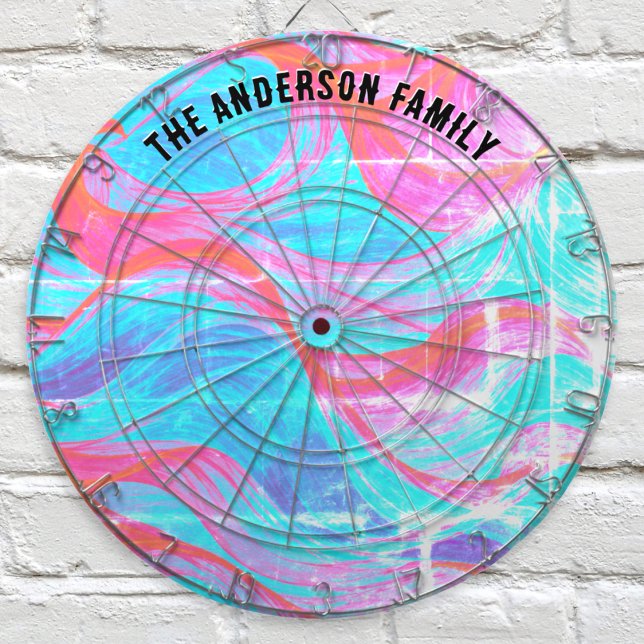 Colourful Modern Abstract Wave Pattern Personalize Dartboard (A modern, personalized dartboard with abstract flowing waves design in pink and blue)