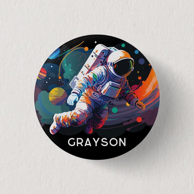 Colourful Modern Astronaut Space Personalized Name 1 Inch Round Button (Front)