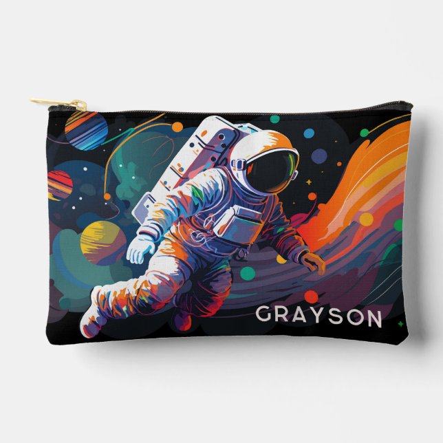 Colourful Modern Astronaut Space Personalized Name Accessory Pouch (Front)
